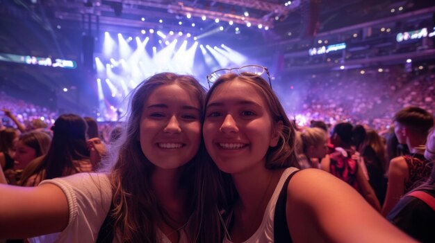 Imagem de selfie de duas mulheres jovens em um concerto em uma arena coberta gigante