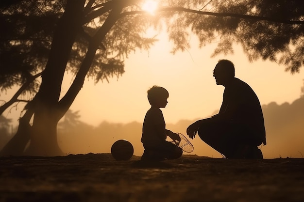 imagem de silhueta de pai e filho na frente de um pôr do sol