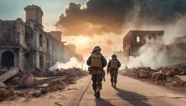 Foto imagem de soldados em batalha em meio a explosões e fumaça cidade de gaza