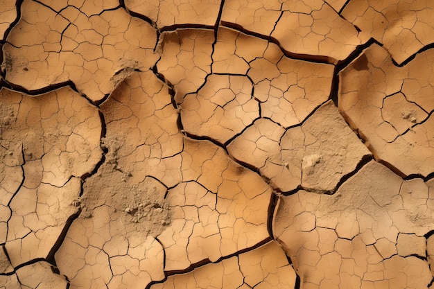 Imagem de terra seca rachada representando seca e mudança climática falta de água e chuva IA generativa
