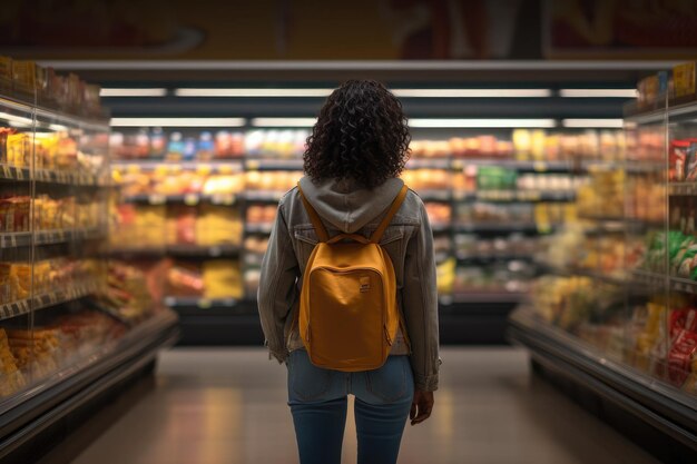 Foto imagem de trás de uma jovem mulher afro-americana com mochila amarela fazendo compras no supermercado e comprando mantimentos e produtos alimentares na loja