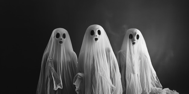 Foto imagem de três figuras fantasmagóricas em fila adequada para temas de halloween