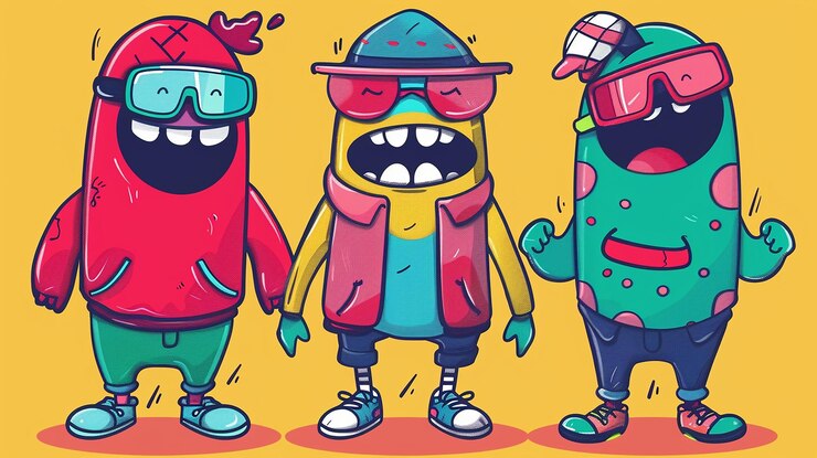 Foto imagem de três mascotes animadas rocking funky fashion