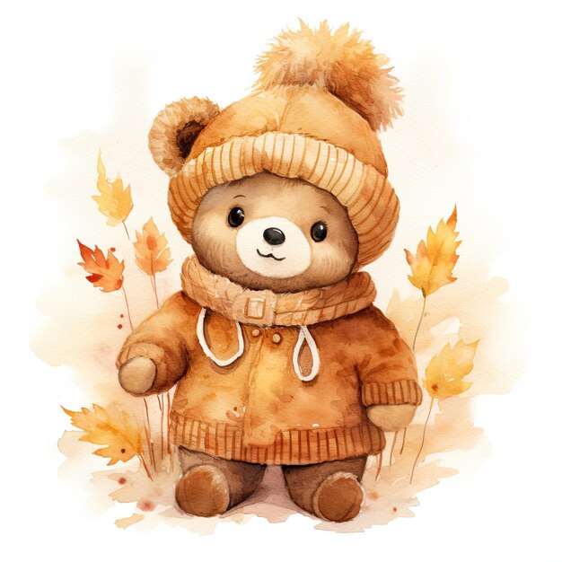 Foto imagem de um adorável urso de pelúcia pintado a aquarela com folhas de árvore e cores de outono por ia generativa
