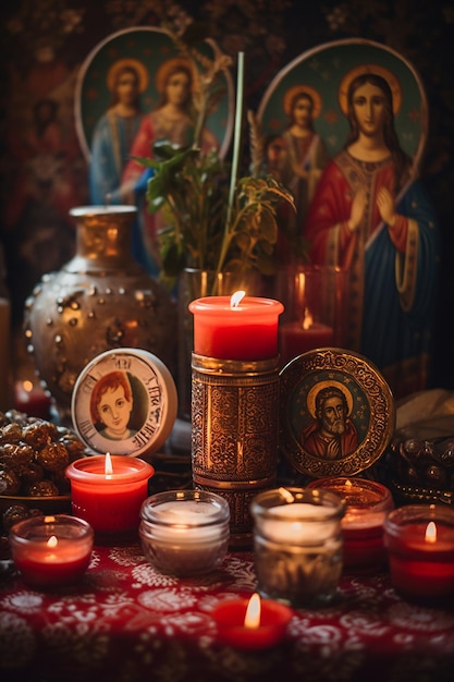 Foto imagem de um arranjo de velas e ícones religiosos para o dia de candlemas criado com ai generativo
