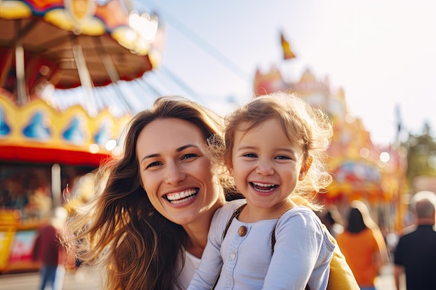 Foto imagem de um aupair e um anfitrião crianças desfrutando de um dia no parque de diversões