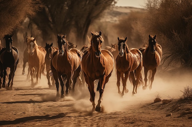 Imagem de um bando de cavalos em uma floresta seca Ilustração de animais selvagens IA generativa