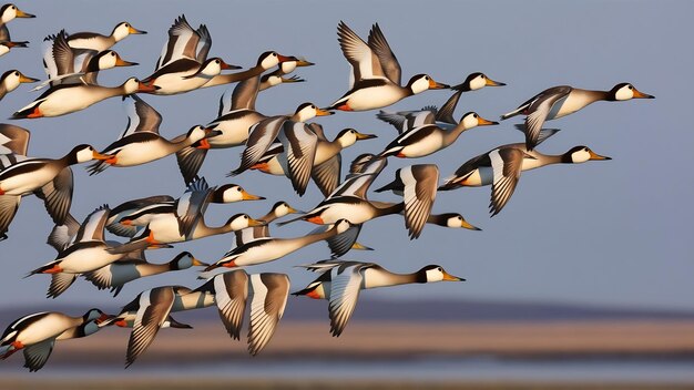 Imagem de um bando de patos dendrocygna javanica voando no céu