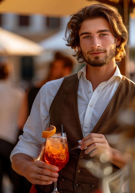 Foto imagem de um barman profissional em riviera servindo um coquetel de verão como gin tonic em uma esplanada