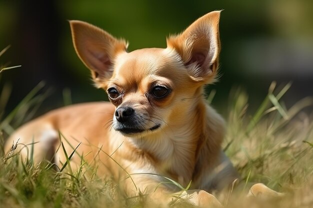 Imagem de um cachorro chihuahua descansando na grama verde do pasto no verão Ilustração de animais de estimação IA generativa