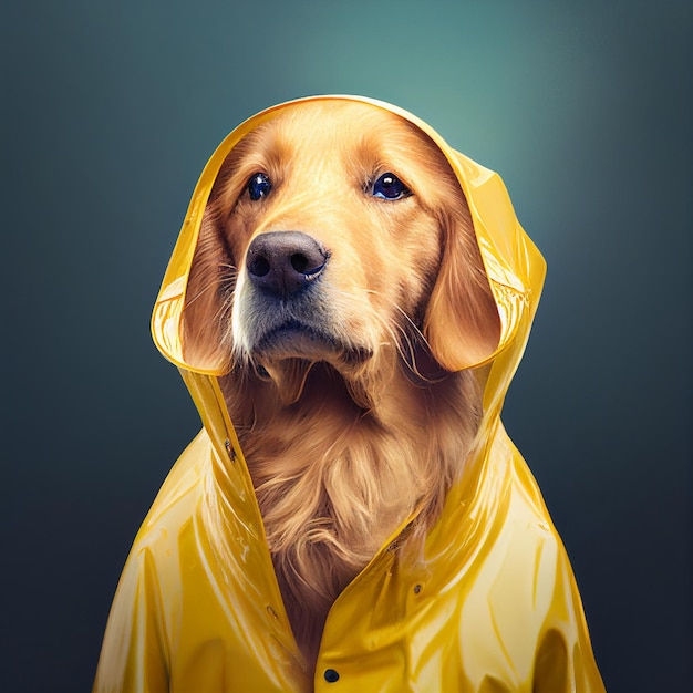 Imagem de um cachorro em capa de chuva amarela generativa ai