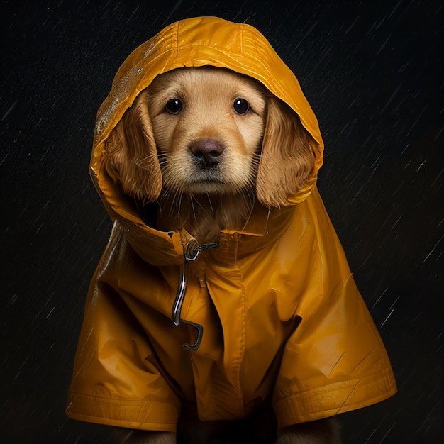 Imagem de um cachorro em capa de chuva amarela generativa ai