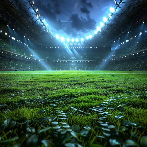 Imagem de um campo de futebol com gramado verde e boa iluminação