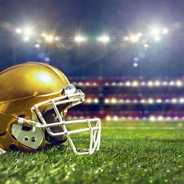 Foto imagem de um capacete de futebol americano dourado na grama de um campo de futebol americano