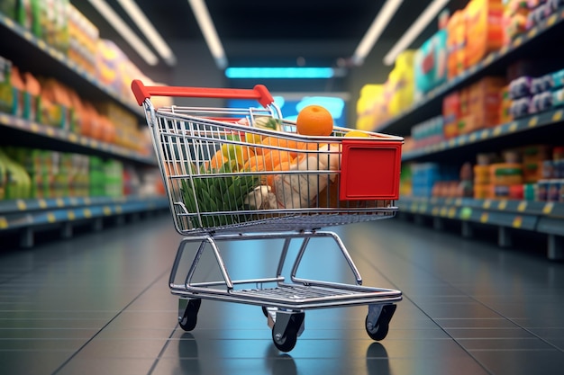 Imagem de um carrinho cheio de produtos no supermercado