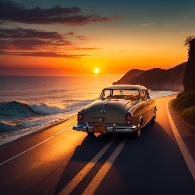 Imagem de um carro clássico percorrendo uma pitoresca estrada costeira com o sol se pondo atrás dele
