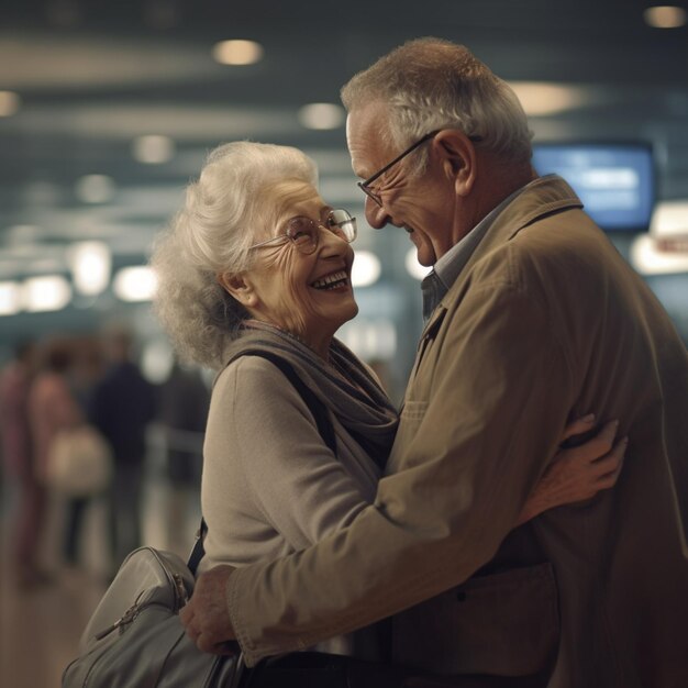 Imagem de um casal de idosos felizes no terminal do aeroporto