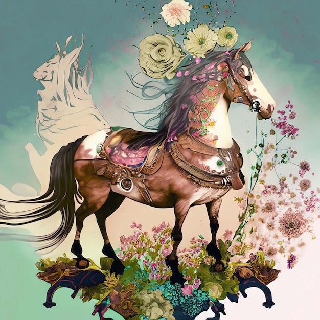 Imagem de um cavalo branco cercado por flores tropicais coloridas em um fundo limpo