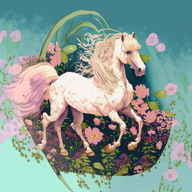 Imagem de um cavalo branco cercado por flores tropicais coloridas em um fundo limpo