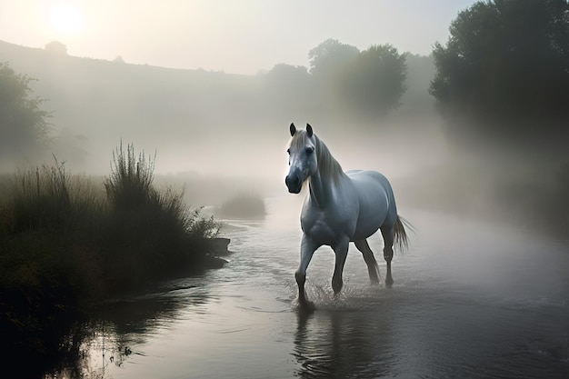 Imagem de um cavalo branco correndo na água em uma manhã nublada em fundo natural Ilustração de animais selvagens IA generativa