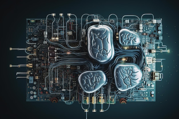 Imagem de um cérebro com conceito de tecnologia com placas de circuito eletrônico IA generativa de ilustração