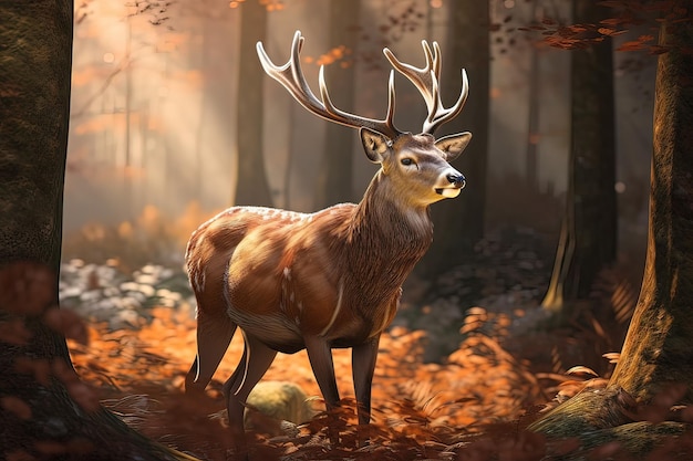 Imagem de um cervo com belos chifres em pé na floresta em um fundo natural Ilustração de animais selvagens Generative AI