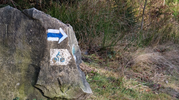 Imagem de um ciclista em uma pedra na floresta. Uma placa para os ciclistas mostrarem o caminho. close up de um paralelepípedo com a foto de uma bicicleta.