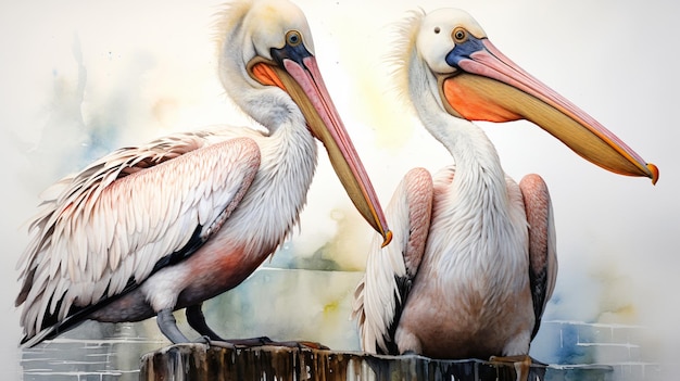 Imagem de um desenho a aquarela de um par de pelicanos