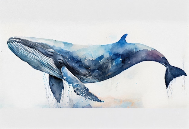 Imagem de um desenho a aquarela de uma baleia azul IA geradora