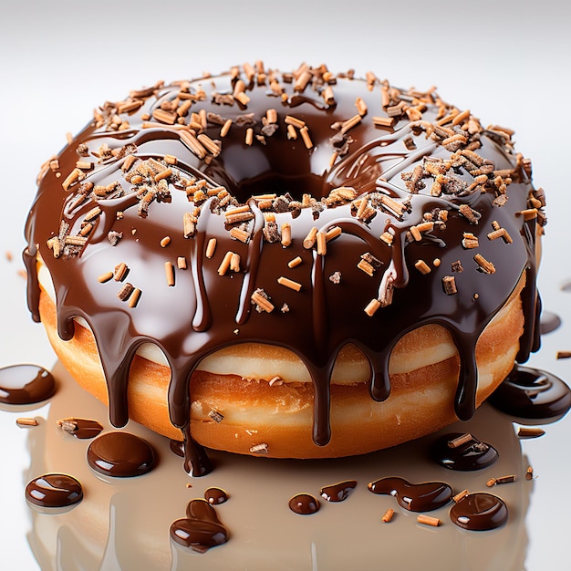 imagem de um donut de chocolate com pedaços de chocolate imagem ultra realista com fundo branco