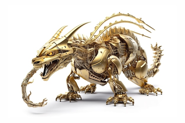 Imagem de um dragão dourado modificado em um robô eletrônico em um fundo branco Réptil Animal ilustração generativa AI