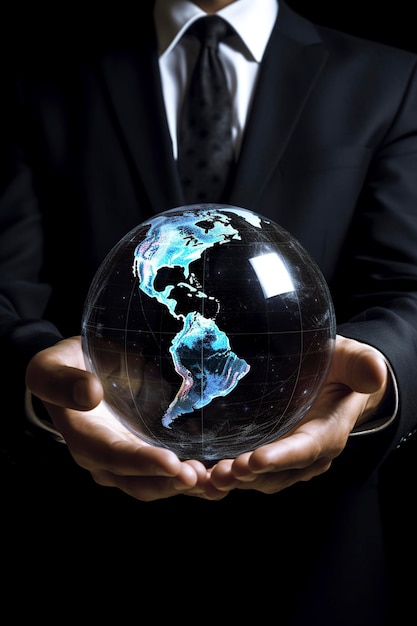 imagem de um empresário segurando um digital da esfera da terra