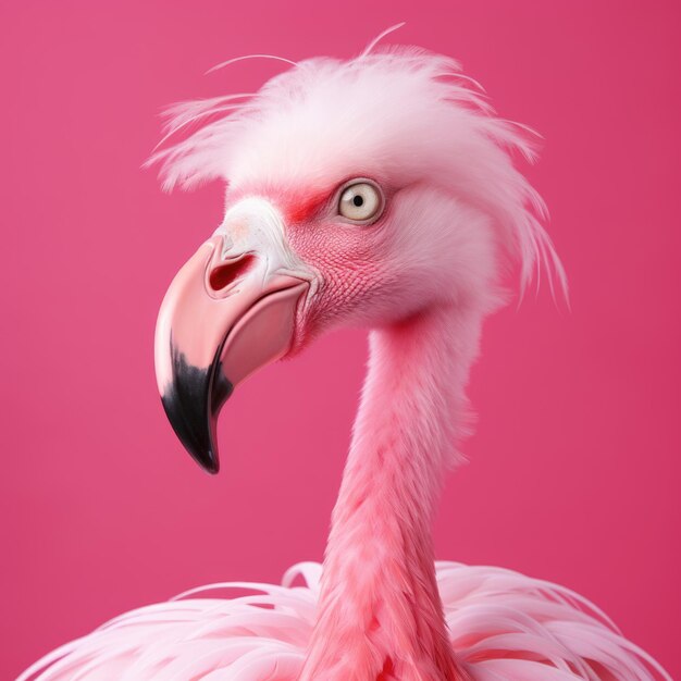 Foto imagem de um flamingo rosa de perfil em um fundo pastel rosa