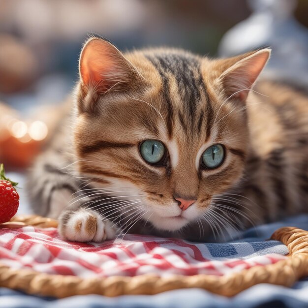 Foto imagem de um gato bonito em um piquenique