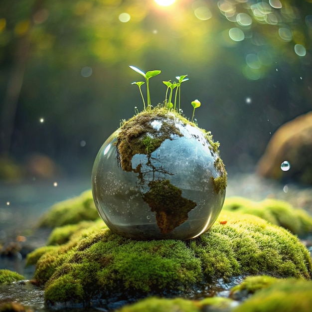 imagem de um globo deitado na grama verde e pequenas mudas estão crescendo no fundo