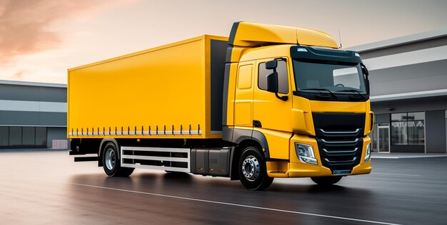 Imagem de um grande caminhão em cor amarela e laranja