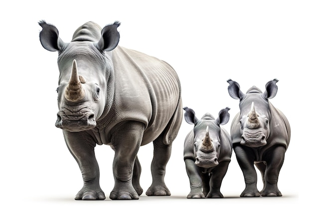 Imagem de um grupo familiar de rinocerontes em fundo branco Animais selvagens Ilustração IA generativa