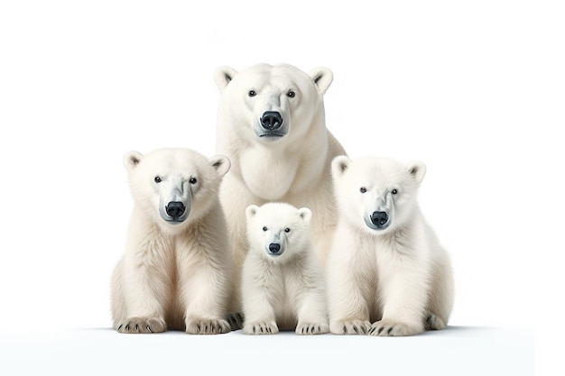 Imagem de um grupo familiar de ursos polares sobre fundo branco Ilustração de animais selvagens IA generativa