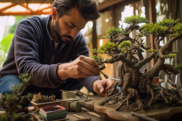 Imagem de um homem cuidando de seu bonsai Conceito de arte japonesa com árvores Fotografia criada com IA