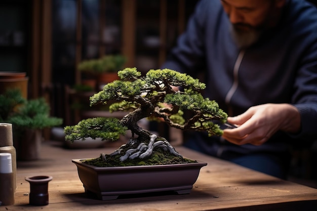 Imagem de um homem cuidando de seu bonsai Conceito de arte japonesa com árvores Fotografia criada com IA