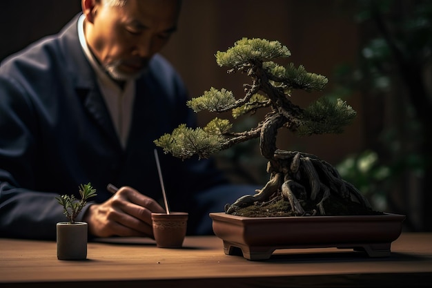 Imagem de um homem cuidando de seu bonsai Conceito de arte japonesa com árvores Fotografia criada com IA