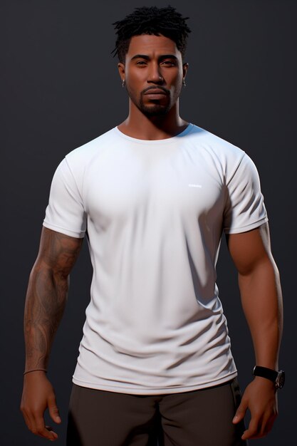 Imagem de um homem negro vestindo uma camiseta branca em um fundo escuro