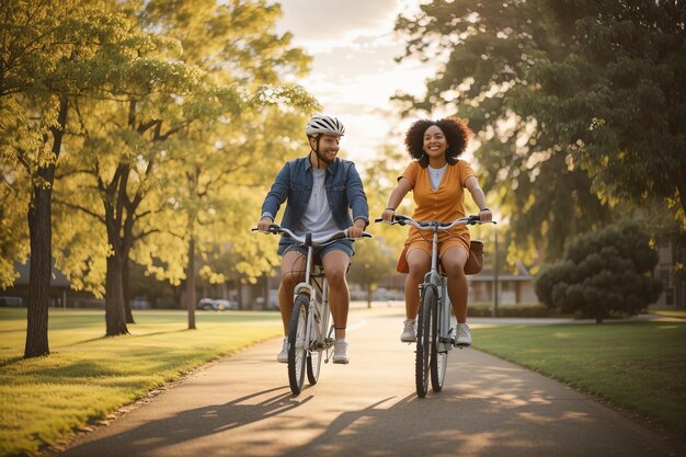 Foto imagem de um jovem adulto com seu amigo andando de bicicleta ao ar livre