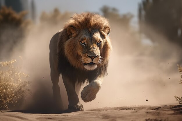 Imagem de um leão macho caminhando em uma floresta empoeirada Animais selvagens