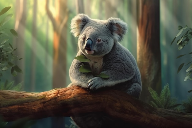 Imagem de um lindo urso coala em uma árvore no fundo natural Wild Animals Illustration Generative AI