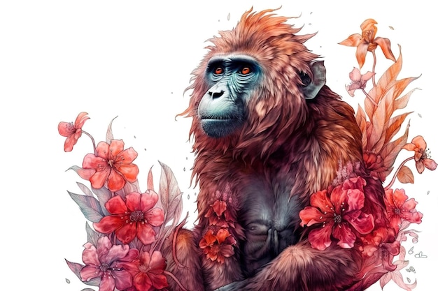 Imagem de um macaco com flores tropicais coloridas, animais selvagens, ilustração de animais, IA generativa