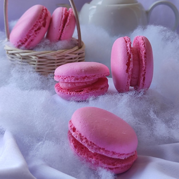 Imagem de um macaron rosa contra um fundo branco.