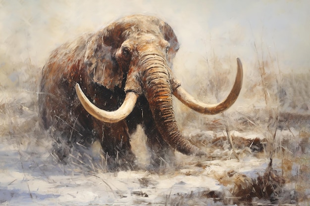 Imagem de um mamute com presas longas e grandes Animais selvagens antigos
