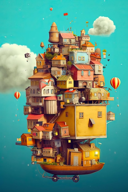 Imagem de um monte de casas em árvores com balões de ar quente no céu IA geradora