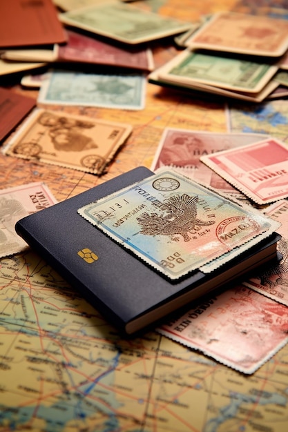 Foto imagem de um passaporte aberto com selos de visto na mesa selos de diferentes países